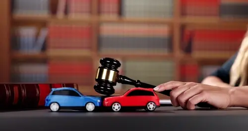 A car accident lawyer at a desk with two toy cars.