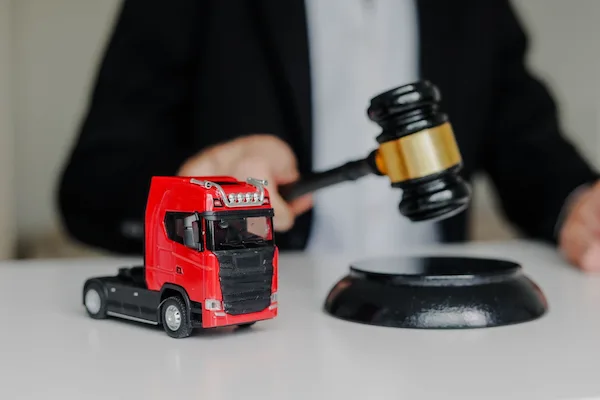 A Greenville truck accident lawyer holds a gavel near a toy cargo truck.